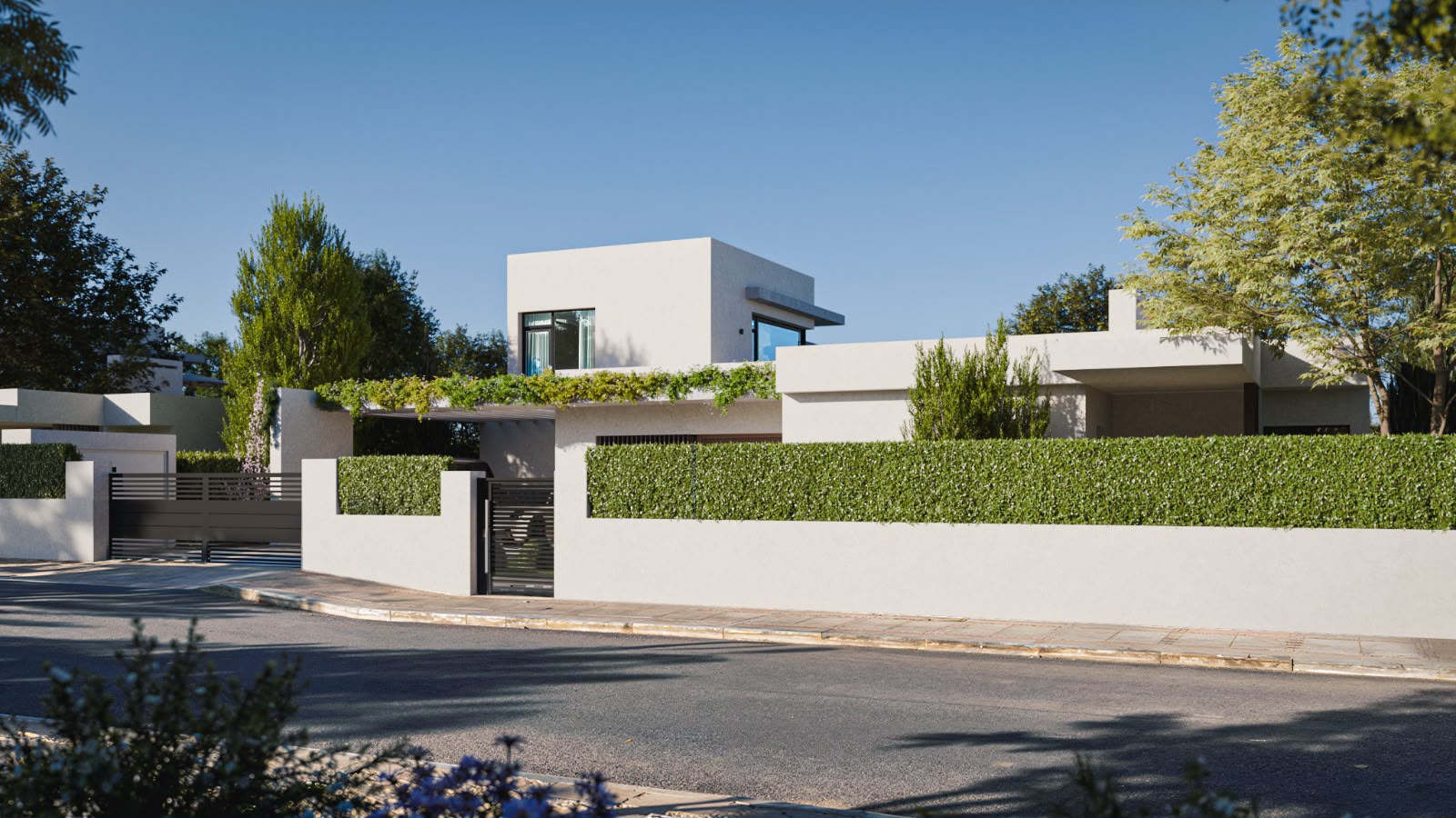 Villa Solana: jardín perimetral visto desde la calle
